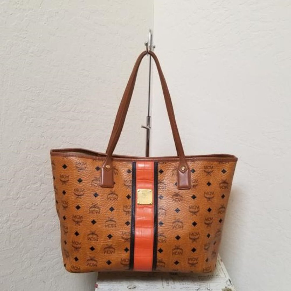 Authentic MCM Shoulder Bag Brown/Peach Monogram Tote